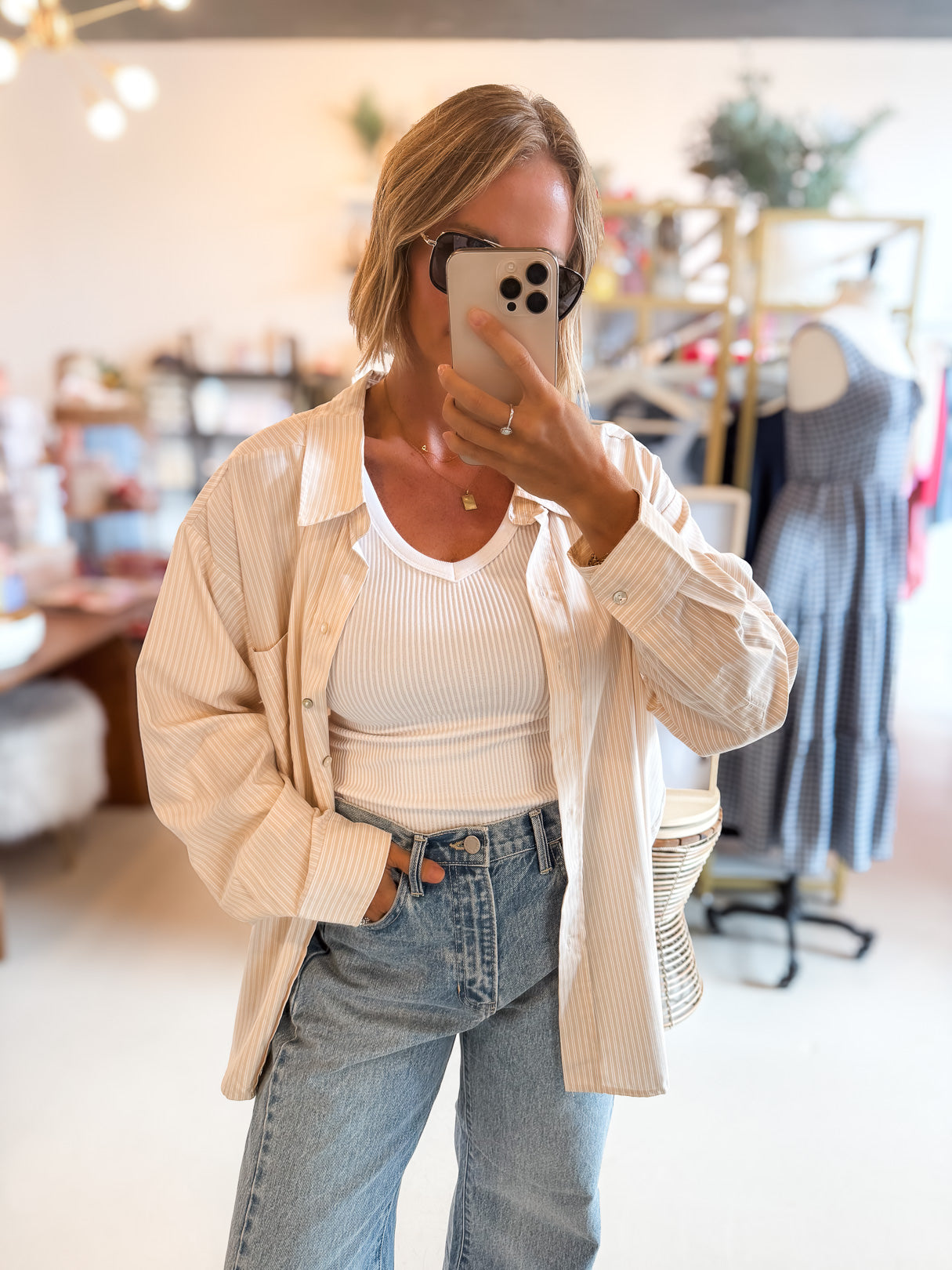 Jennifer Beige Stripe Button Up