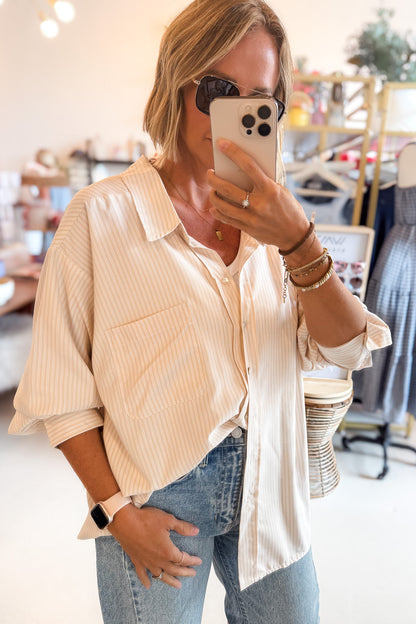 Jennifer Beige Stripe Button Up