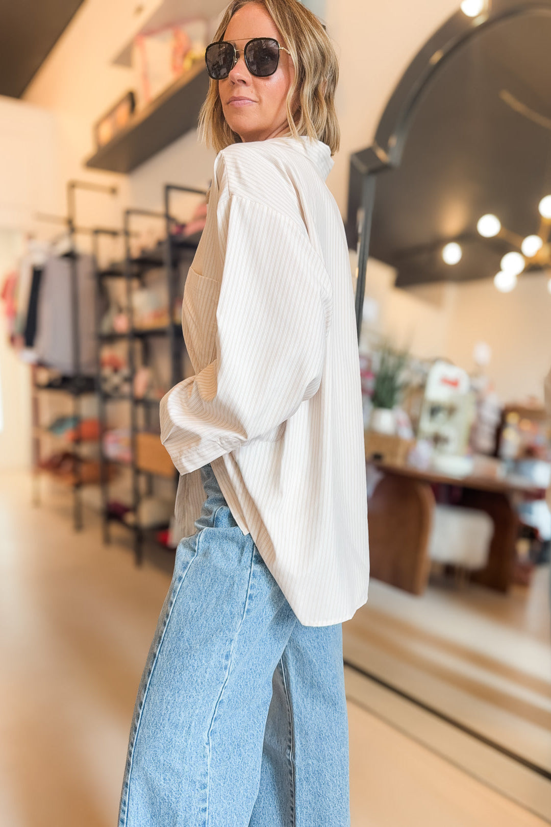 Jennifer Beige Stripe Button Up