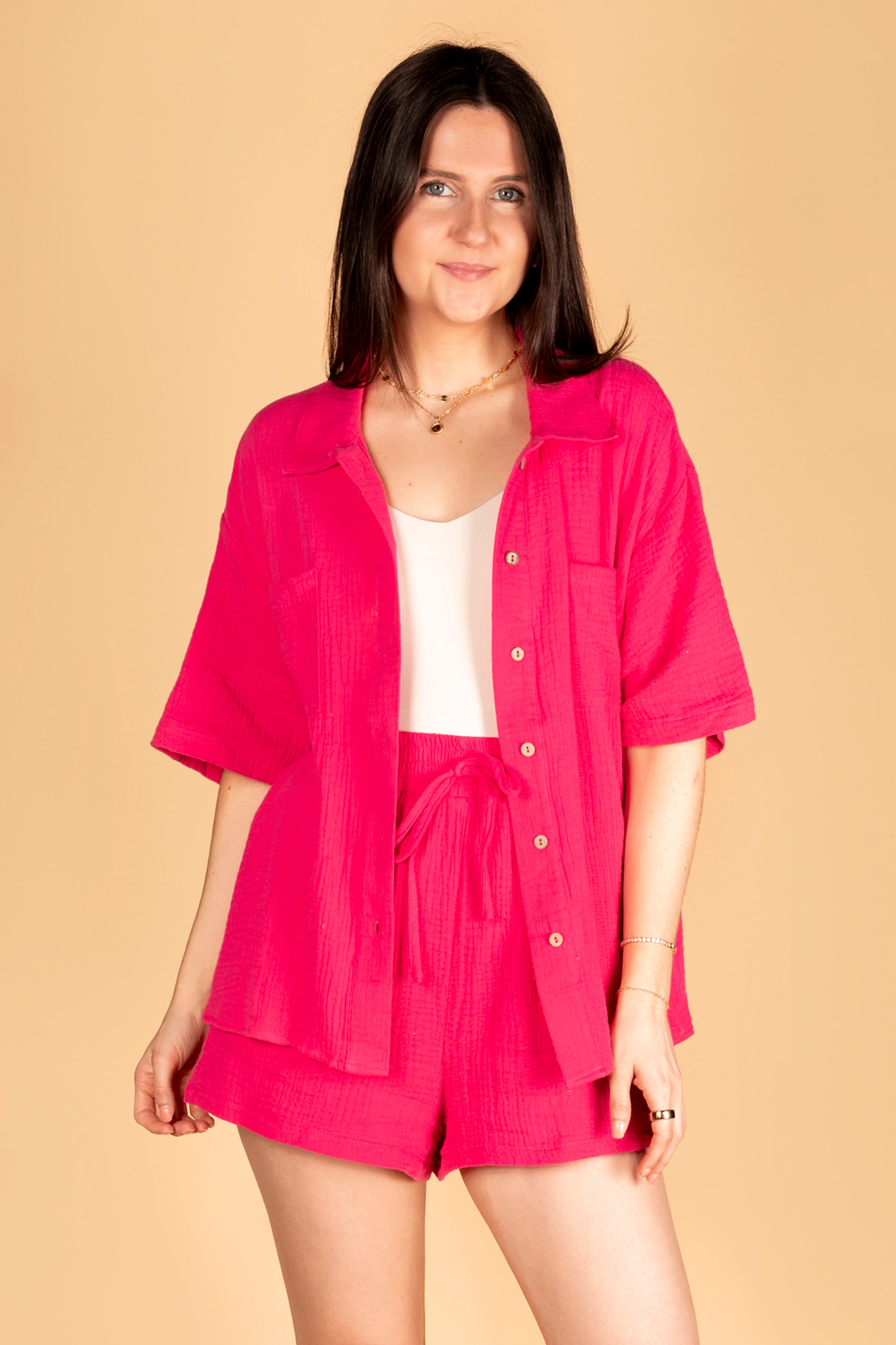 Pink Woven Button Down Top