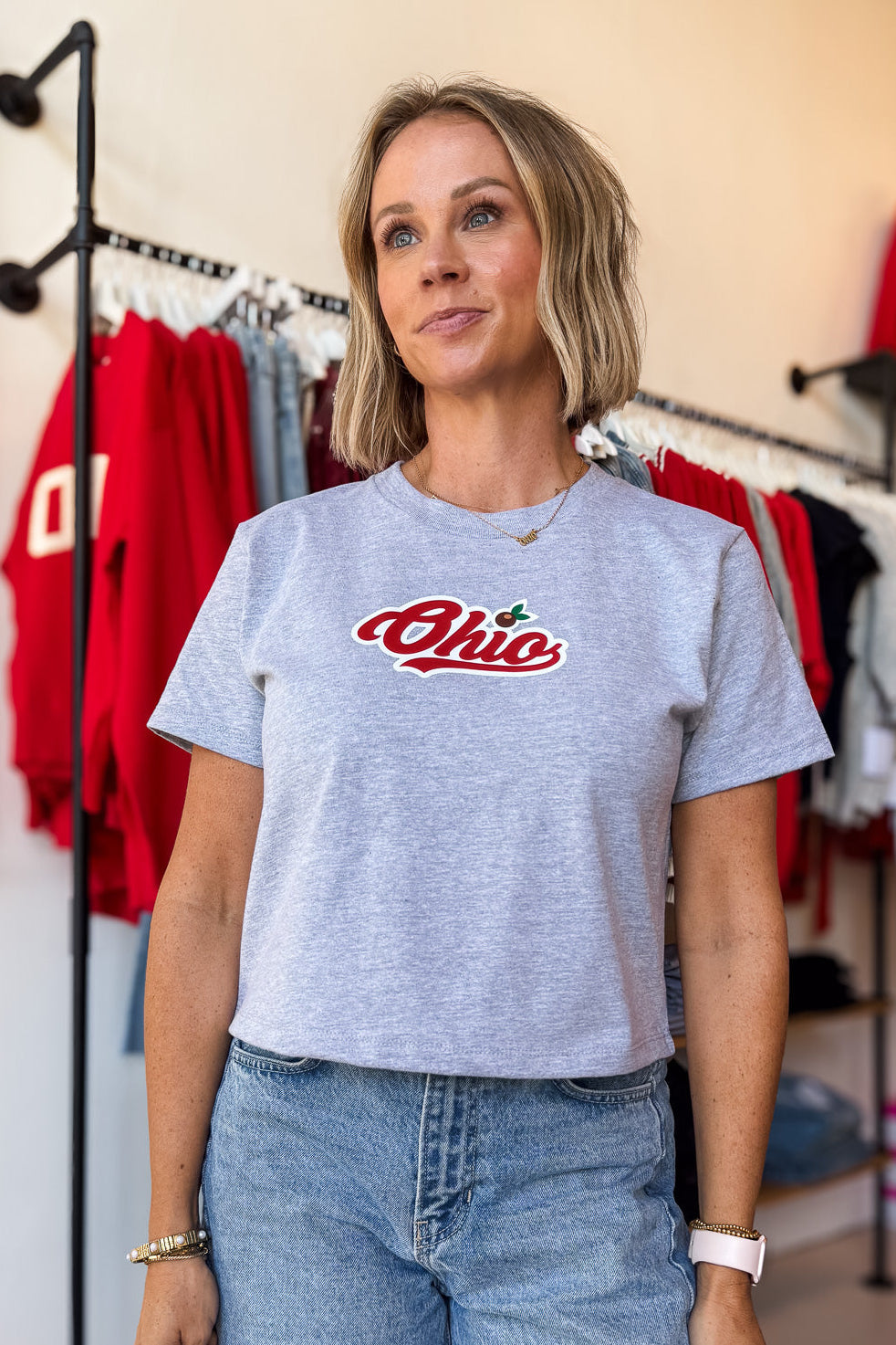 Ohio Buckeye Script Grey Boxy Tee