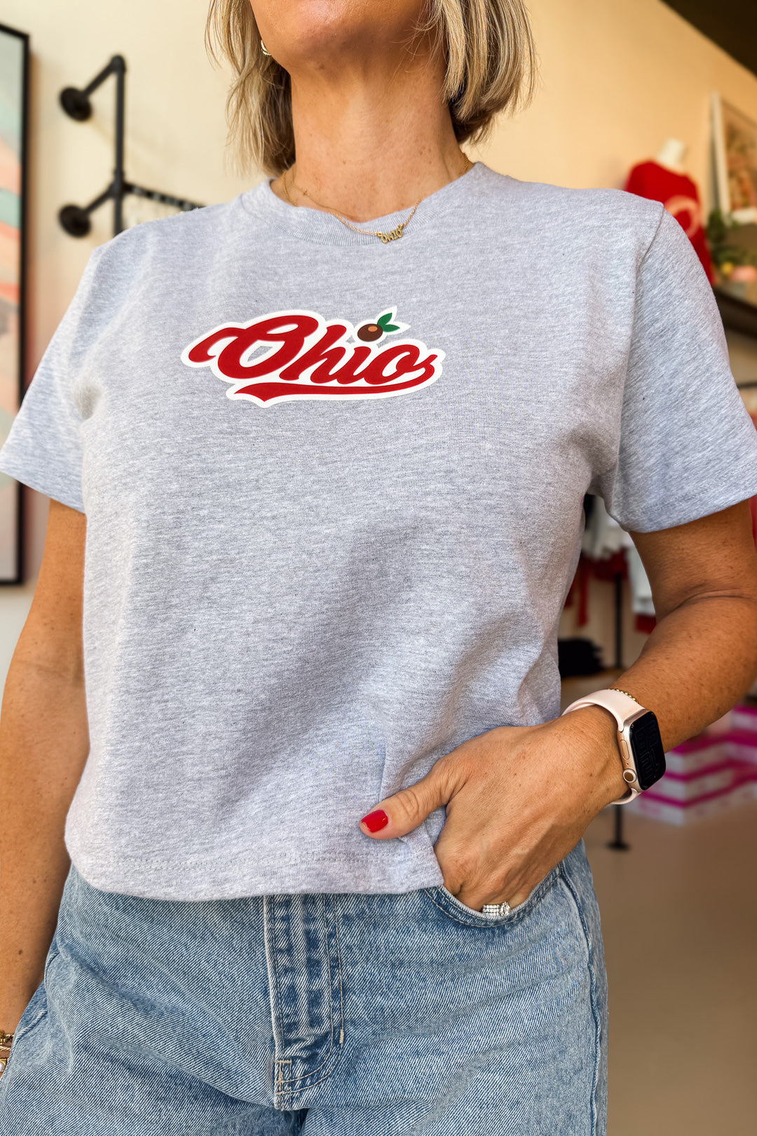 Ohio Buckeye Script Grey Boxy Tee