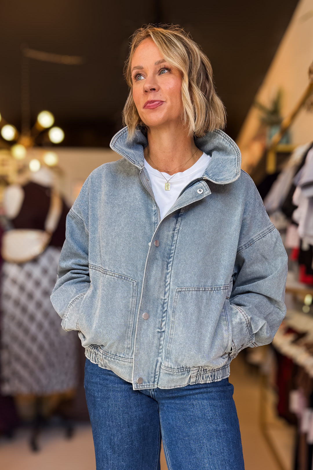 Light Wash Denim Bomber Jacket
