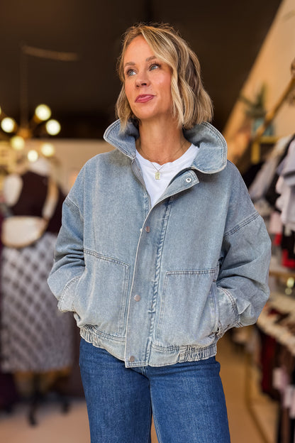Light Wash Denim Bomber Jacket
