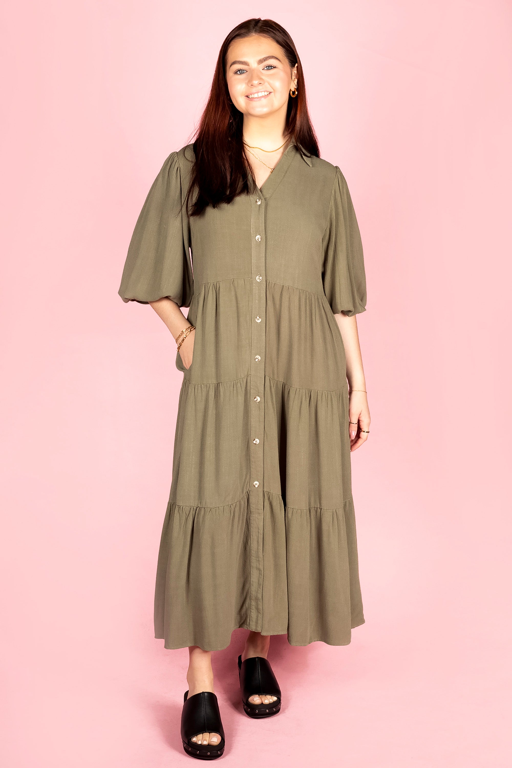 Olive Tiered Midi Dress