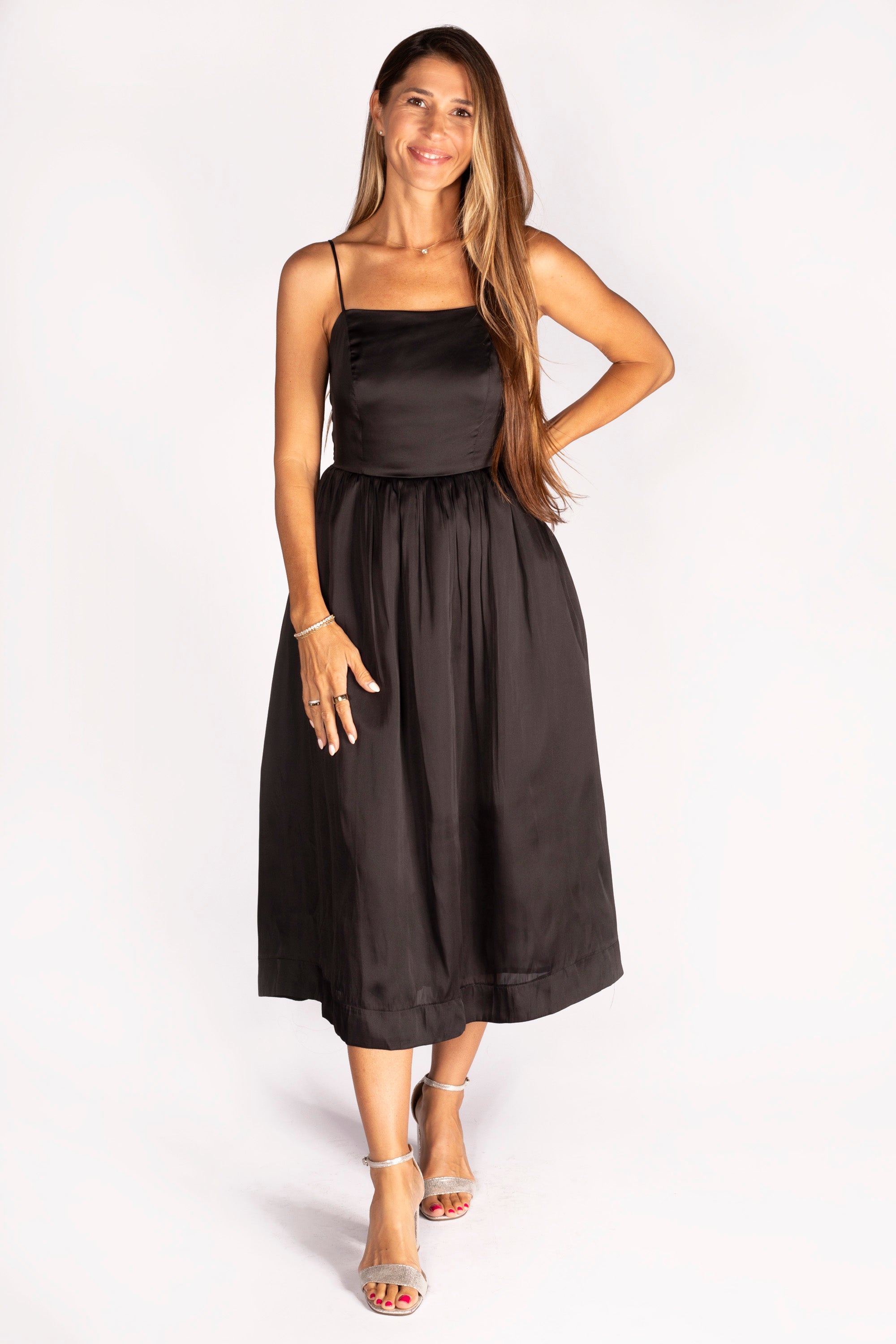 Black Satin Cami Midi Dress