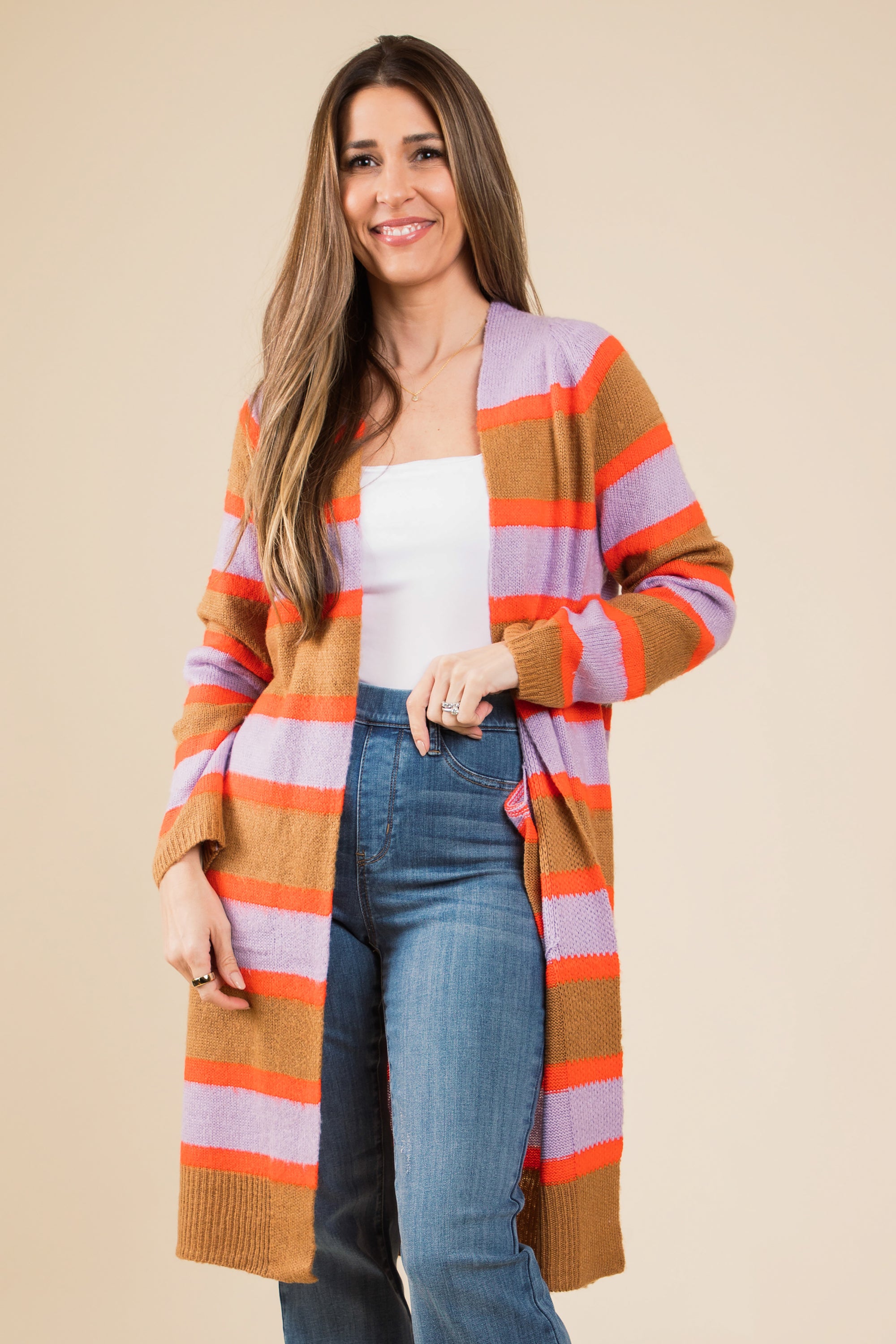 Coral and Purple Striped Cardigan